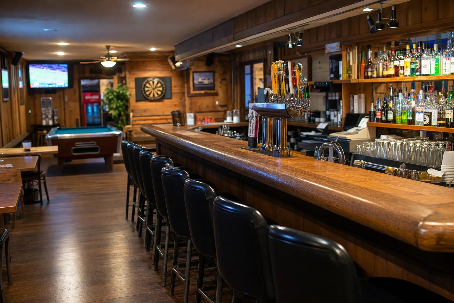 Wood-paneled bar interior with taps pool table darts and sports TV