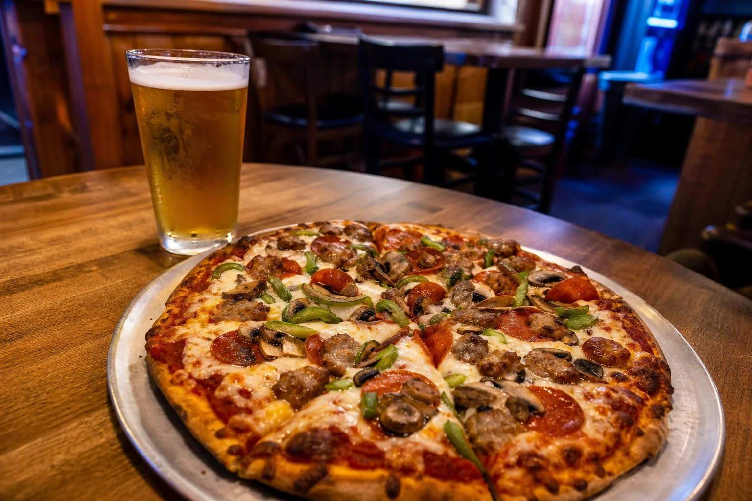 Pizza and beer on a wood table inside a small Michigan bar