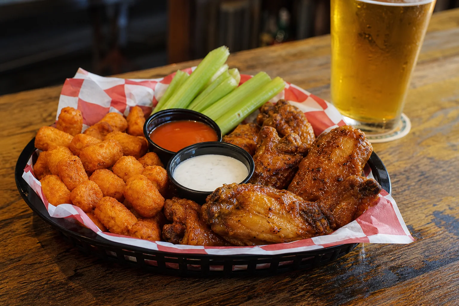 Chicken wings and sweet potato tots in a bar basket
